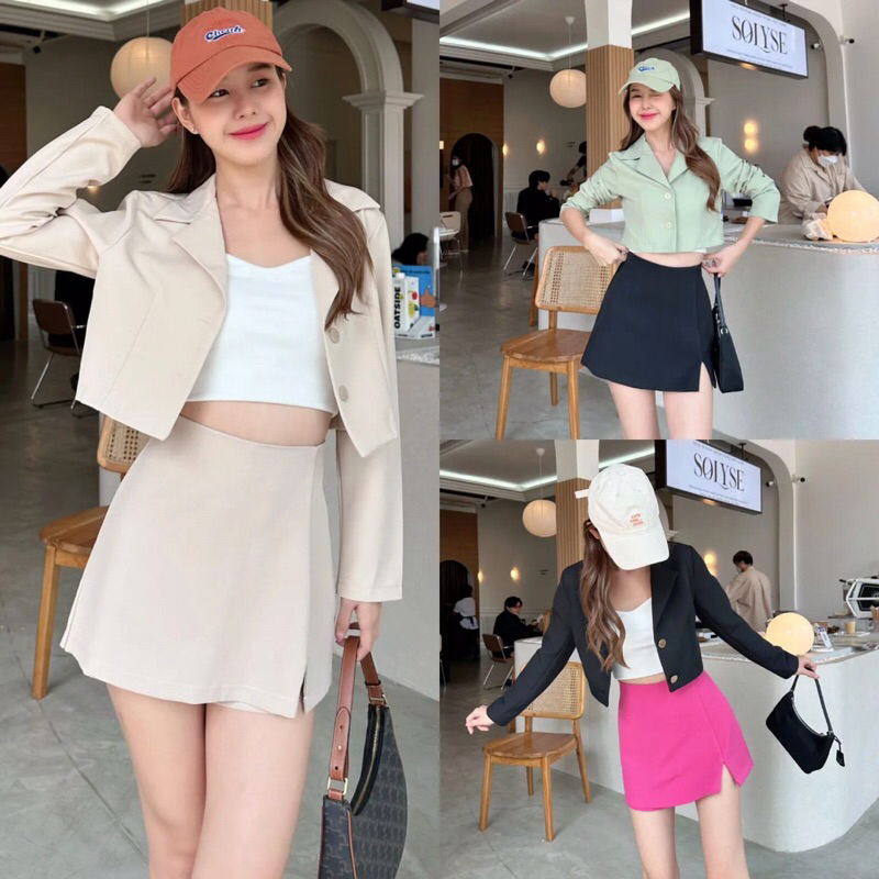 Set áo Blazer croptop PLAYHARD tay dài kèm chân váy chữ A ngắn xẻ đùi