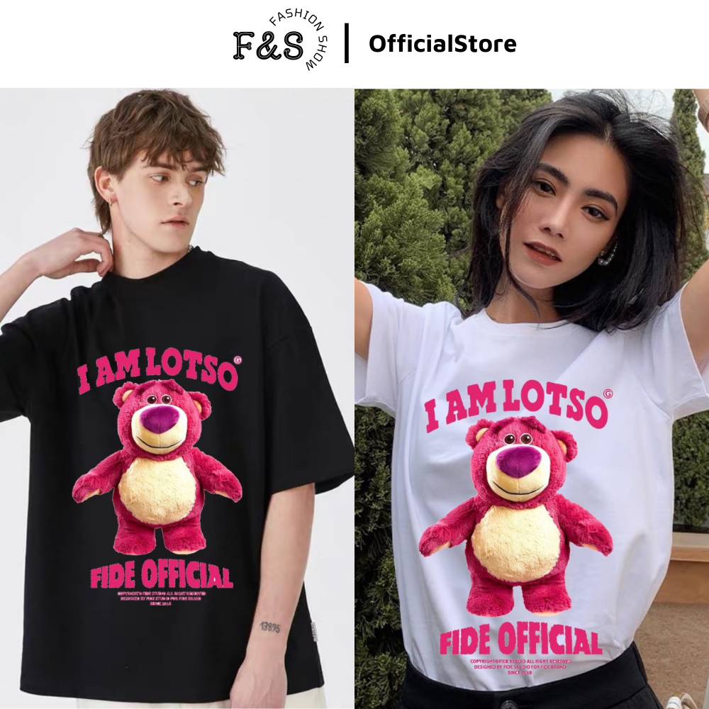 Áo thun tay lỡ unisex GẤU HỒNG DÂU LOTSO - Áo phông nam nữ F&S form rộng cho cặp đôi phong cách hàn quốc