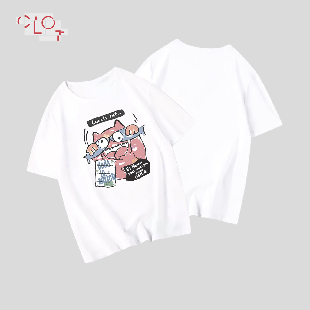 CLOT local brand Áo phông nữ trắng Luckly Cat thời trang nữ vintage bigsize tee unisex 100%Cotton