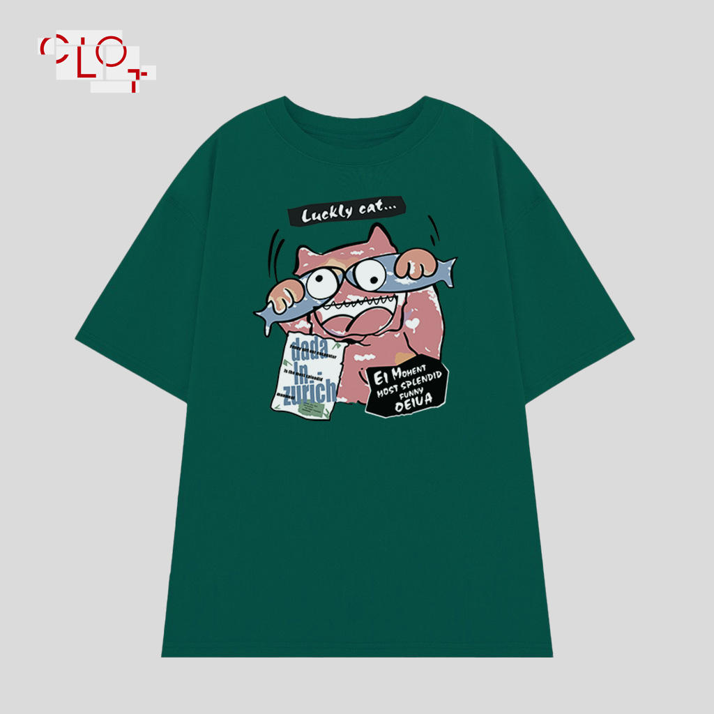 CLOT local brand Áo phông nữ trắng Luckly Cat thời trang nữ vintage bigsize tee unisex 100%Cotton