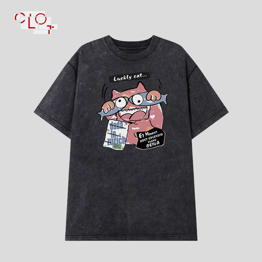 CLOT local brand Áo phông nữ trắng Luckly Cat thời trang nữ vintage bigsize tee unisex 100%Cotton