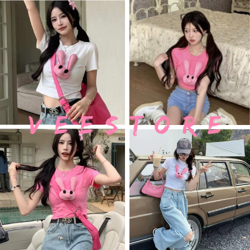 Áo crt cộc tay hinh thỏ nổi/ Áo croptop bozip co dãn freesize Hàn Quốc thời trang mùa hè 2023 VEESTORE