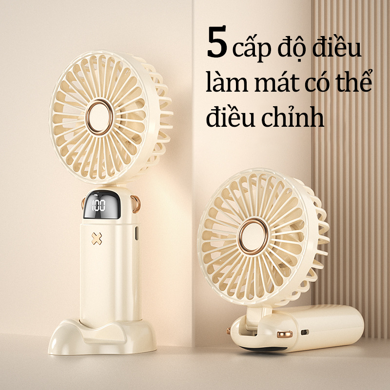 Quạt Cầm Tay Mini Tích Điện Siêu Mát 5 Cấp Độ Pin Trâu 6000mAh Có Đế Để Bàn Kiêm Giá Đỡ Điện Thoại Tặng 2 Viên Nén Thơm