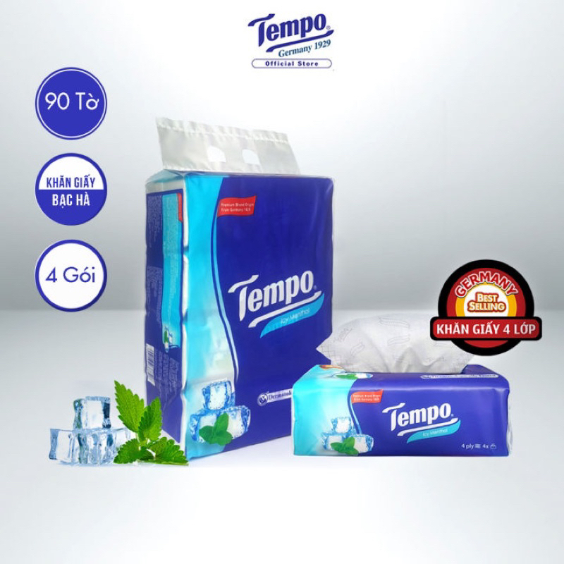 Lốc 4 Gói Khăn Giấy Tempo BẠC HÀ 4 Lớp (90 Tờ/1 Gói