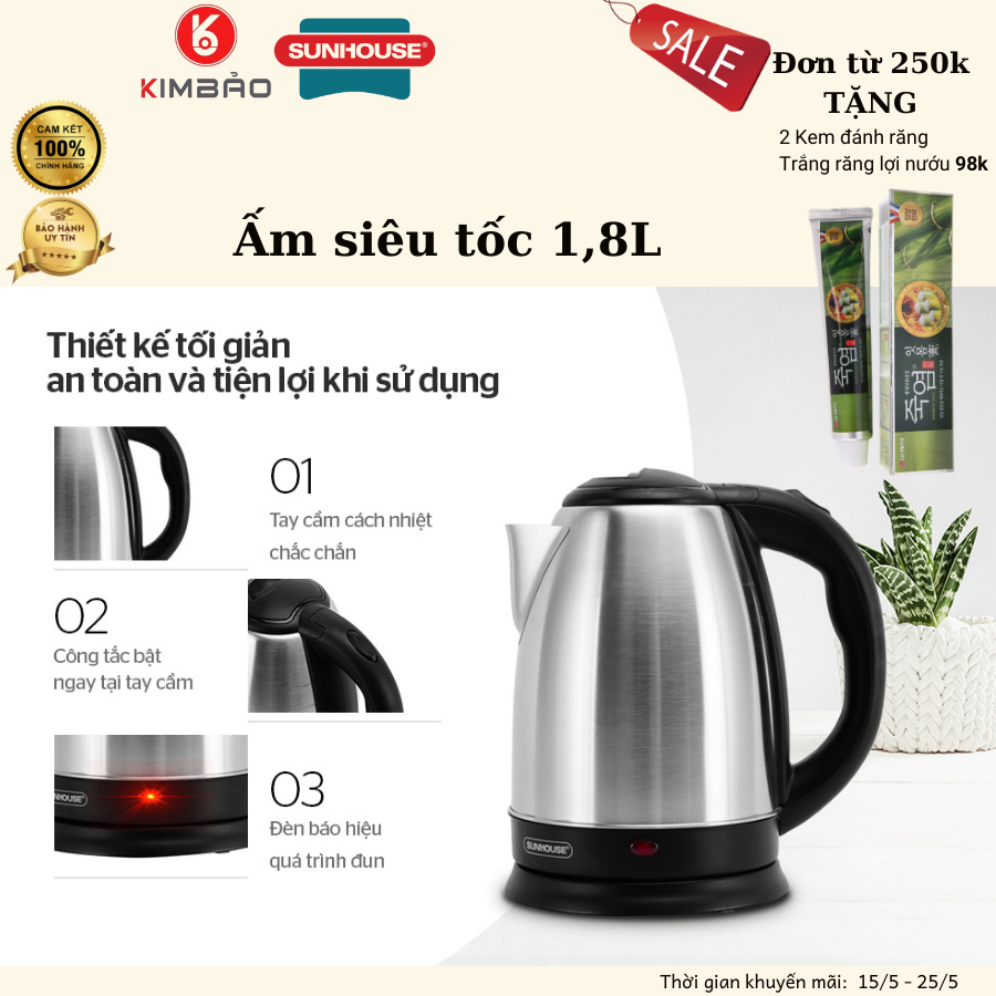 Ấm siêu tốc Inox 1.8L SUNHOUSE SHD1182 - Bảo hành chính hãng 12 tháng