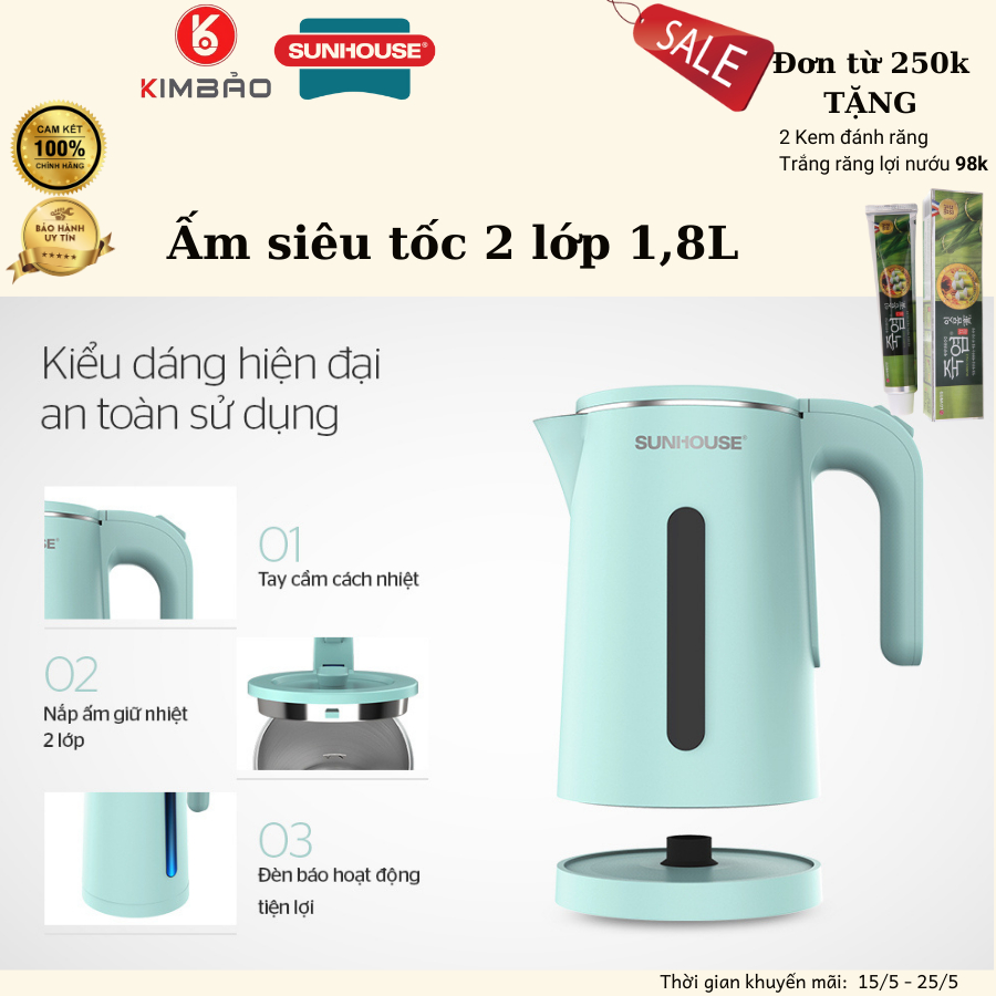 Ấm siêu tốc Inox 2 lớp 1.8L SUNHOUSE SHD1351
