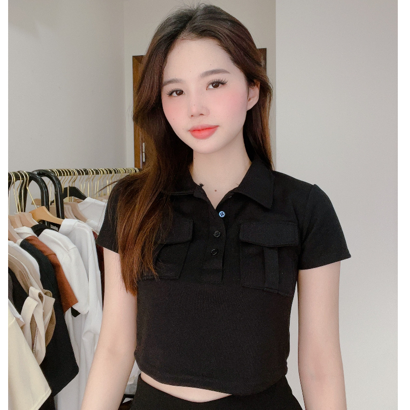 Áo Croptop Polo Cổ Bẻ Phối 2 túi hộp Caroll nữ  - Thun body dáng ngắn cộc tay mặc mùa hè hotgirl sexy