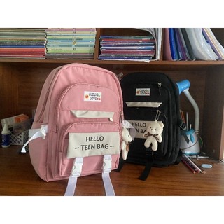 Balo vải túi hộp Hello Teen Bag có móc Gấu Bông thời trang