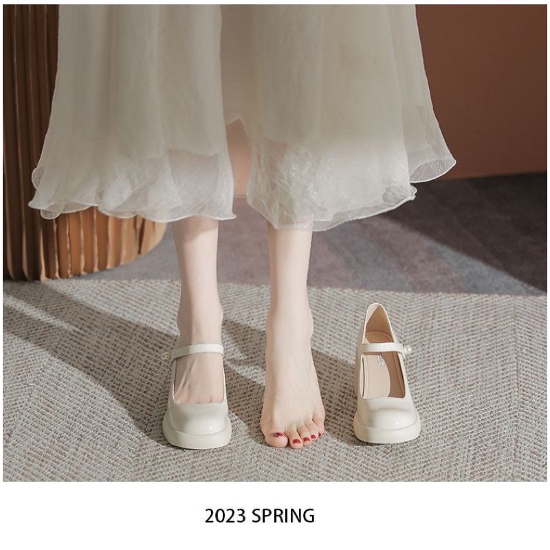 Giày cao gót Mary Jane đính hạt ngọc đế cao 6cm