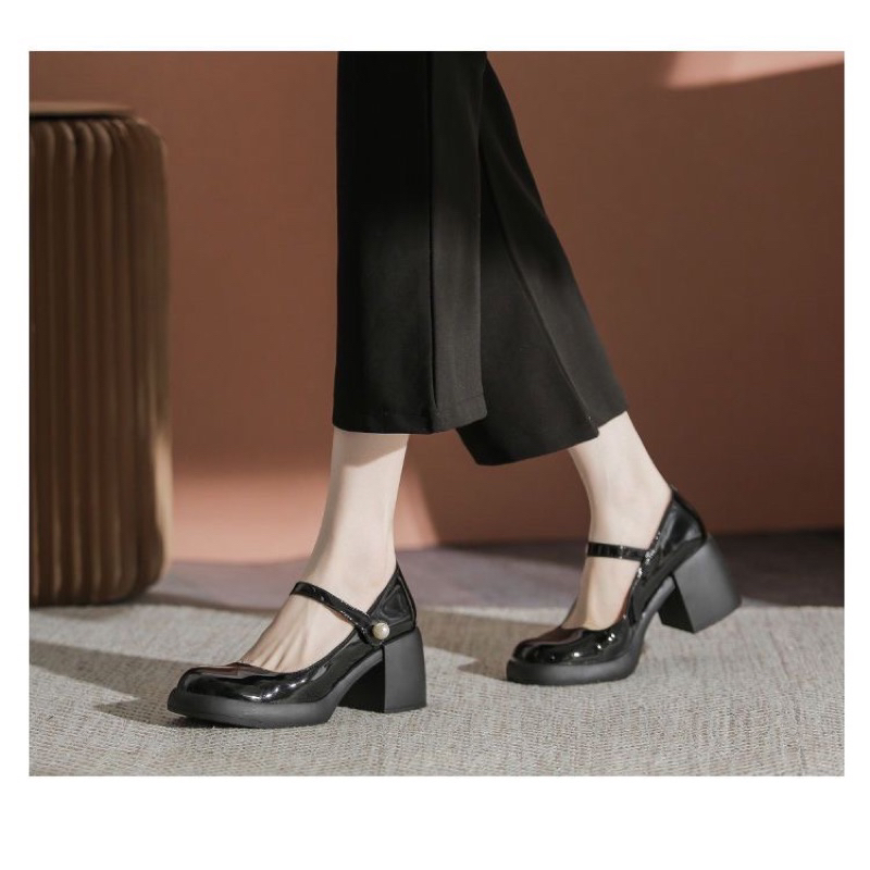 Giày cao gót Mary Jane đính hạt ngọc đế cao 6cm