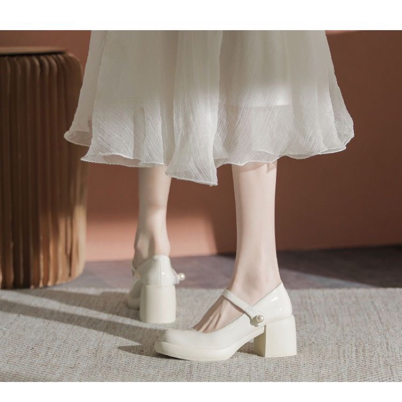 Giày cao gót Mary Jane đính hạt ngọc đế cao 6cm