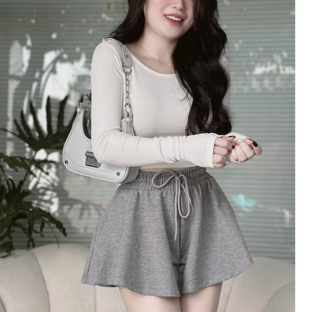 sét bộ đùi nữ áo thun tay dài cổ vuông mix quần ống rộng dễ thương thời trang nữ stclothing