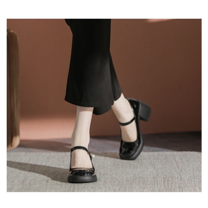 Giày cao gót Mary Jane đính hạt ngọc đế cao 6cm