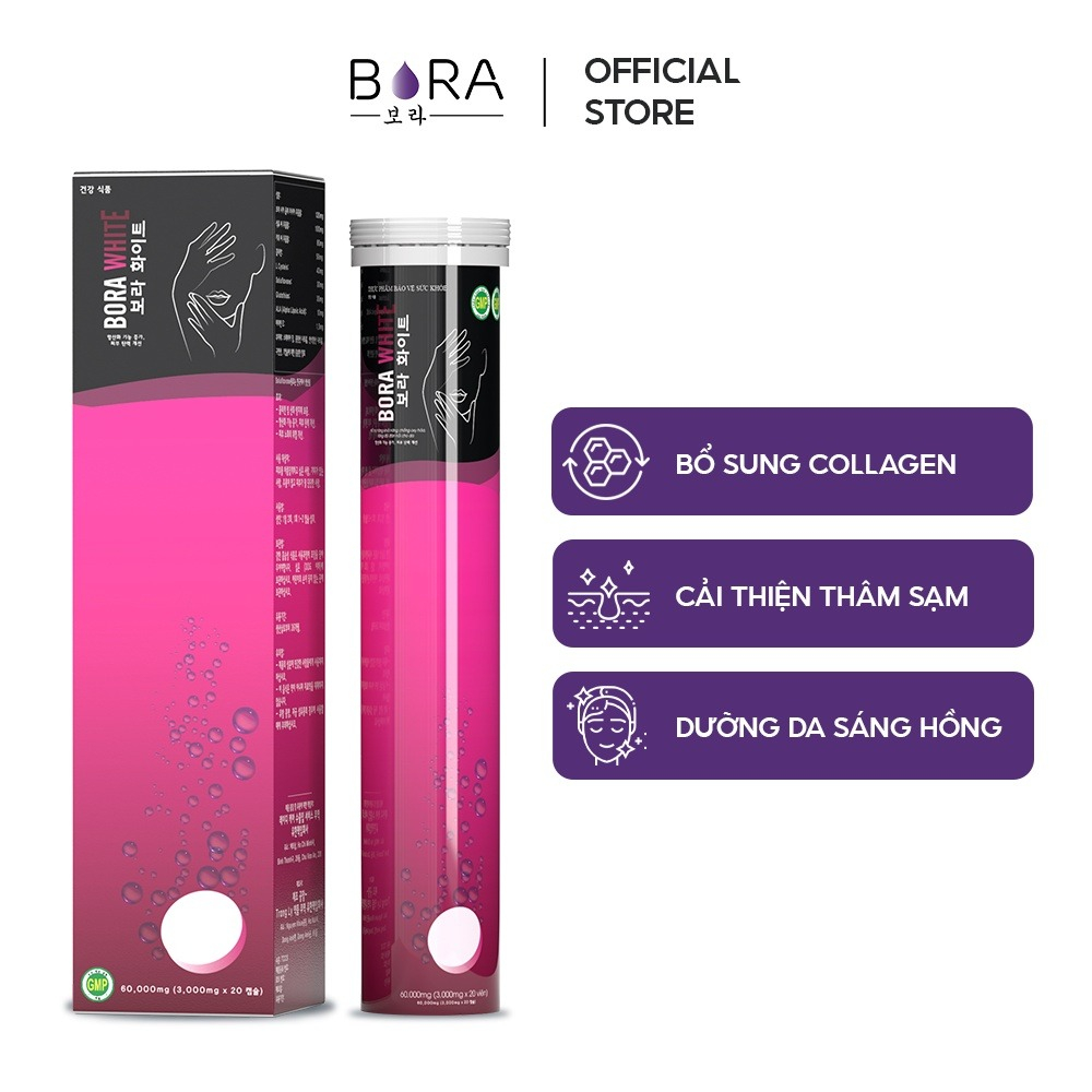 COMBO 3 Viên Sủi Trắng Da BORA White Mờ Nám Giúp Làn Da Trắng Hồng Rạng Rỡ Hộp 60 viên