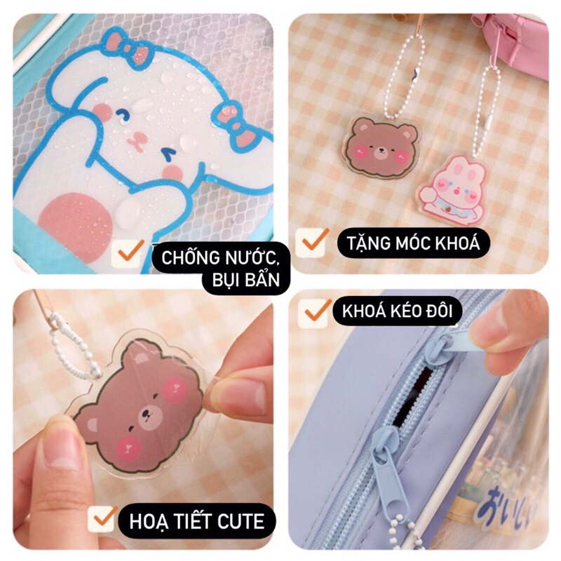 ( Tặng sticker và móc khoá ) Hộp bút cỡ lớn nhiều ngăn da PU chống nước bụi bẩn hoạ tiết đáng yêu