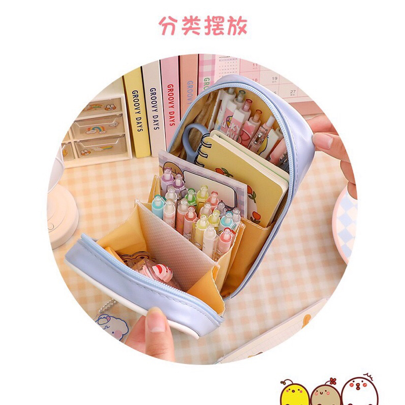 ( Tặng sticker và móc khoá ) Hộp bút cỡ lớn nhiều ngăn da PU chống nước bụi bẩn hoạ tiết đáng yêu