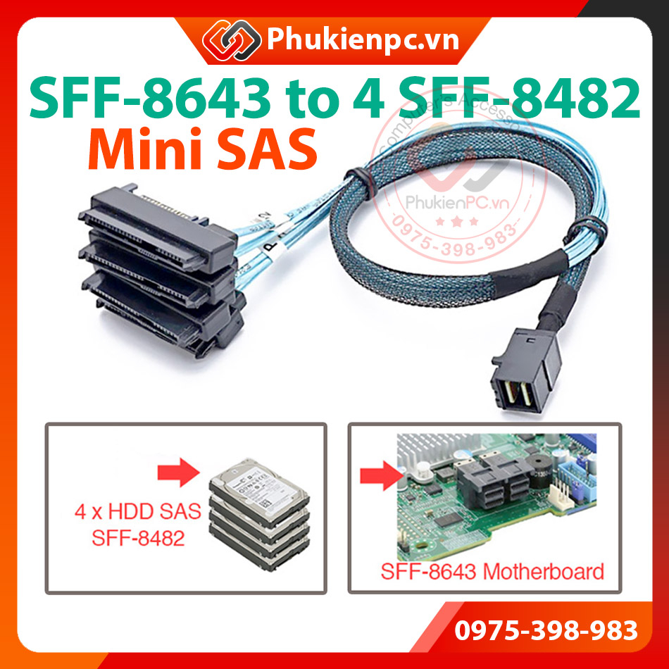 Dây cáp Mini SAS SFF-8643 sang 4 SFF-8482, dài 1M. kết nối ổ cứng HDD SAS/ SATA vào Mainboard server máy chủ, workstatio