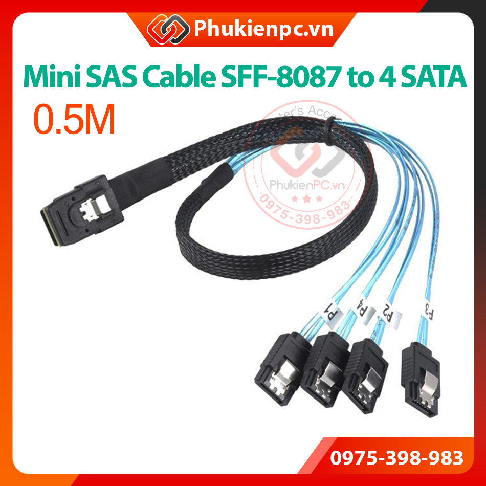 Cáp Mini SAS SF-8087 36Pin ra 4 SATA dài 50cm/ 0.5M cho Server máy chủ Workstation kết nối ổ cứng SATA, SSD SAS, HDD SAS