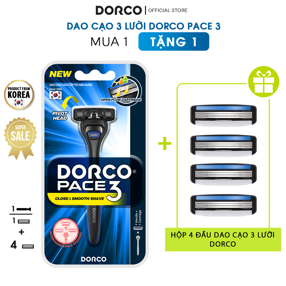 Dao Cạo Râu 3 Lưỡi Dorco Pace 3 Kèm Quà Tặng Hộp 4 Đầu Cạo 3 Lưỡi Dorco