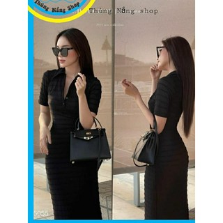 Đầm body đũi gân, dáng dài, cổ bẻ sơmi