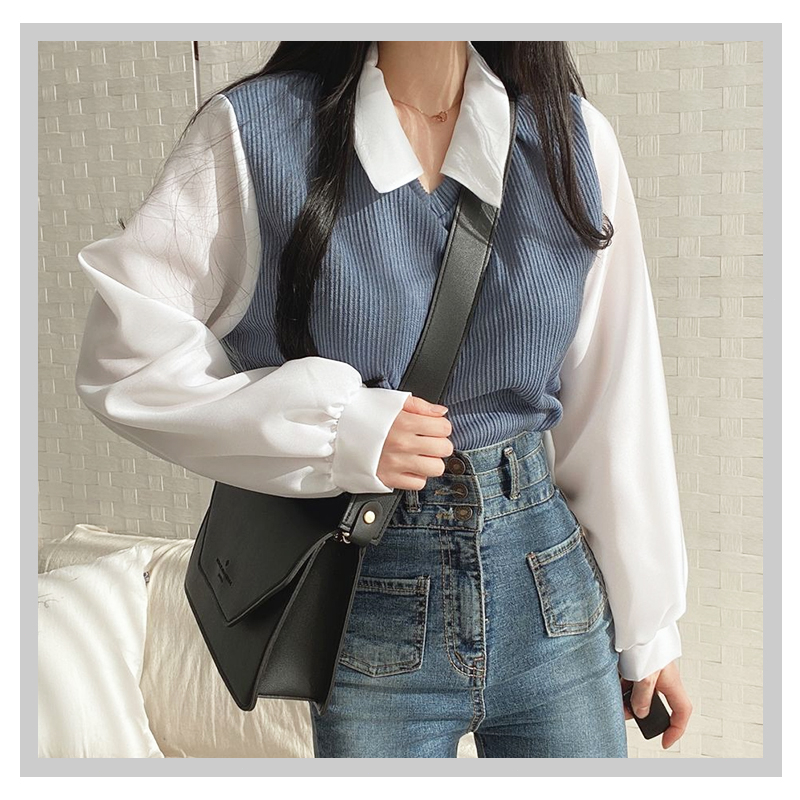 Kamyl Áo Thun Polo Giả Hai Lớp Tay áo dài Dáng Rộng Màu Sắc Tương Phản Thời Trang Dành Cho Nữ