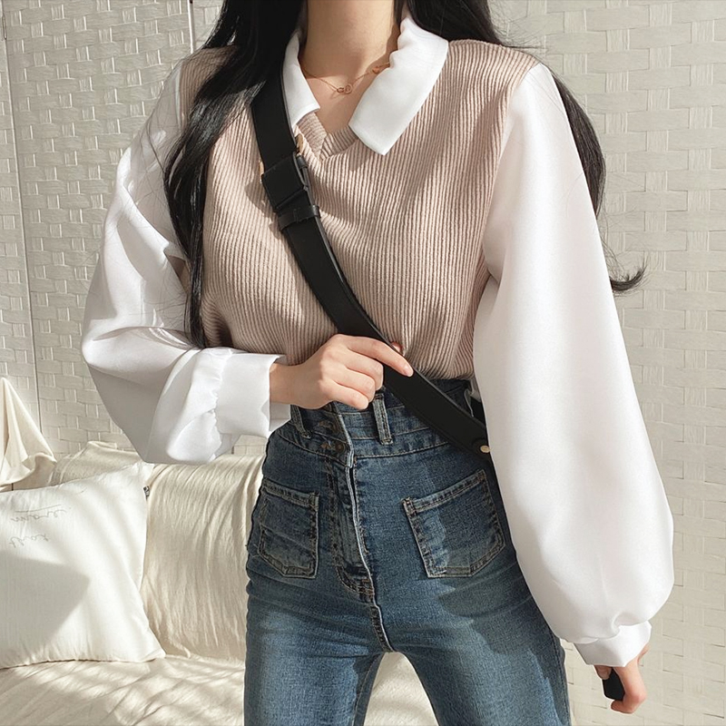 Kamyl Áo Thun Polo Giả Hai Lớp Tay áo dài Dáng Rộng Màu Sắc Tương Phản Thời Trang Dành Cho Nữ