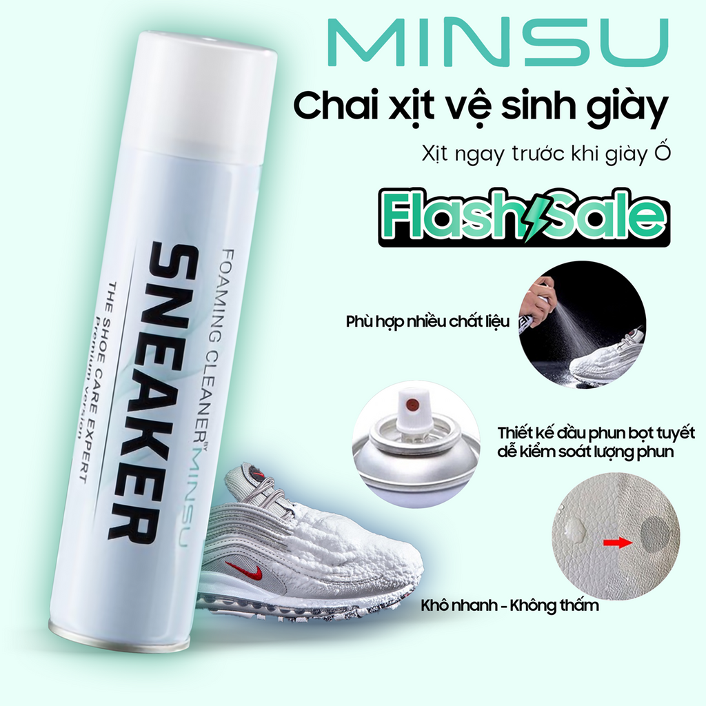 Bình xịt tạo bọt tuyết vệ sinh giày dép Sneaker Minsu phiên bản Premium 1 lọ 300ml, chai giặt giầy khô không dùng nước.