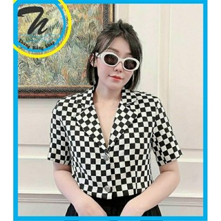 Áo vest blazer hotgirl, caro, đệm vai, form lửng