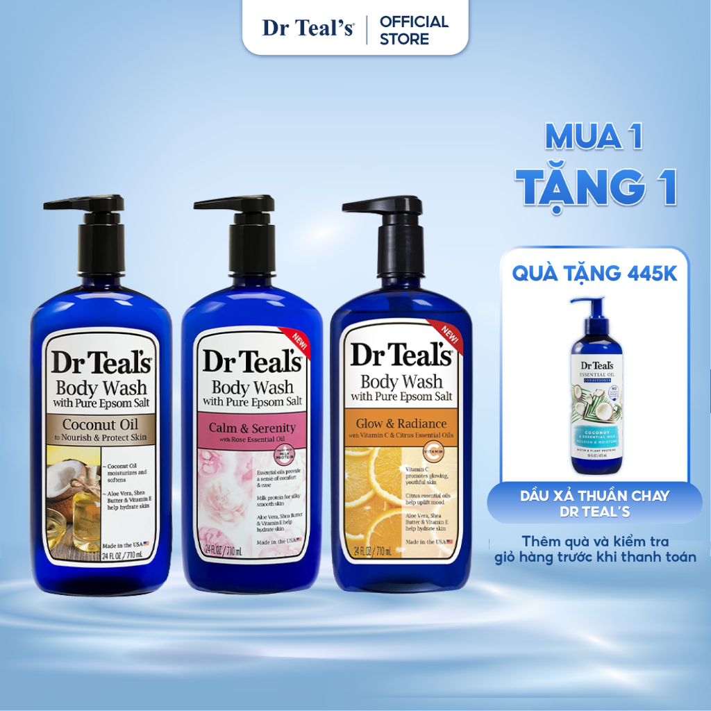 Sữa Tắm Dr Teal's Tinh Dầu Hoa Hồng - Cam - Dầu Dừa Mang Cảm Giác Thư Thái, Làm Sáng Da Và Căng Mịn 710ml