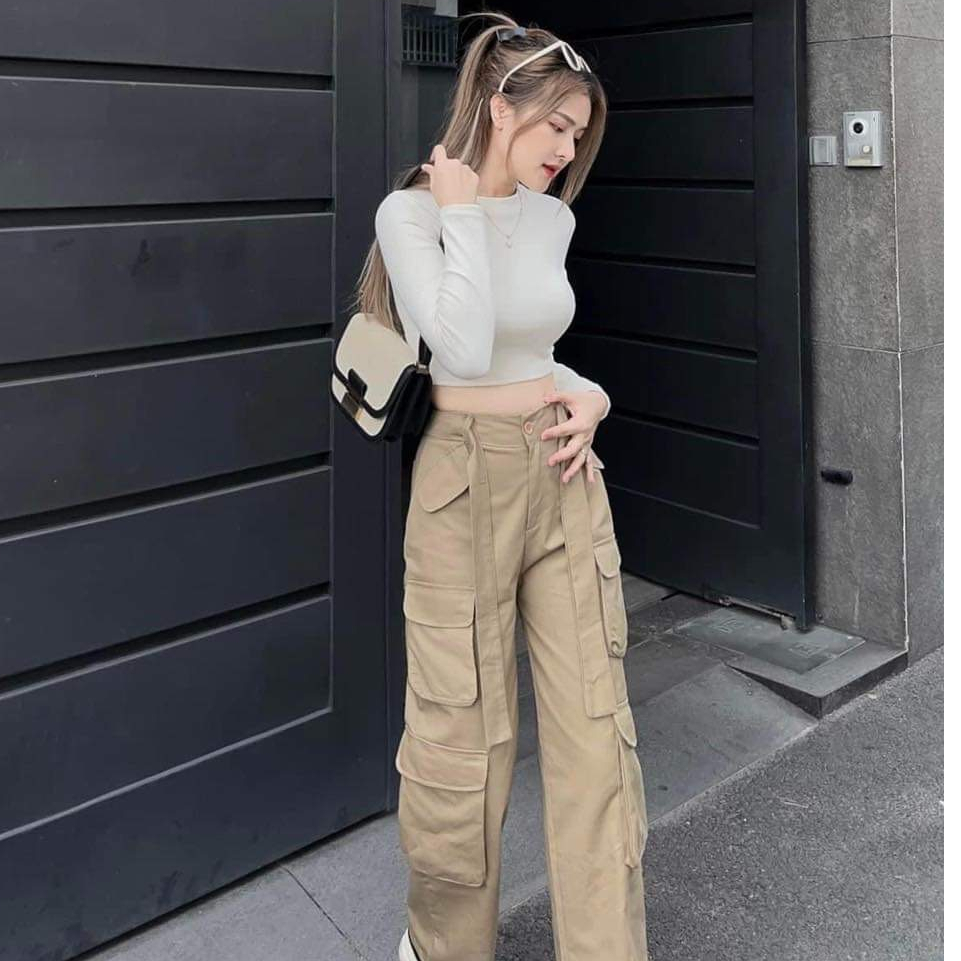 Sét bộ nữ áo thun trắng croptop tay dài mix quần ống đứng túi hộp hot hit thời trang nữ stclothing