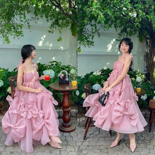 Đầm hai dây maxi phối nơ tơ lụa đẹp