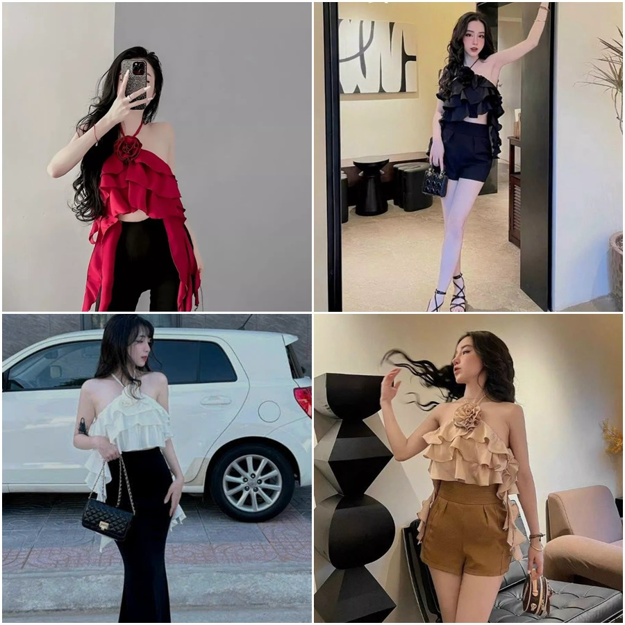 Áo kiểu nữ,Áo lụa cột cổ kết bông thời trang sành điệu hot trend