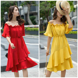 Đầm trễ vai tùng phối bèo 2 màu