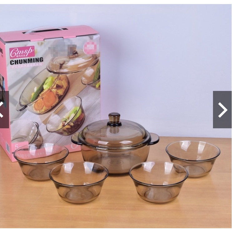 COMBO 5 MÓN 1 NỒI & 4 BÁT THUỶ TINH CHỊU NHIỆT CÓ VỎ HỘP ĐẸP