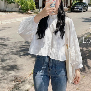Áo sơ mi trắng dáng baby doll croptop dài tay phối bèo đáng yêu