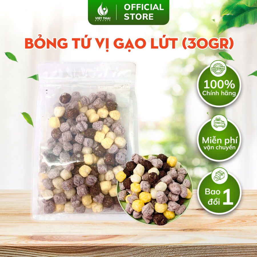 Bỏng Tứ Vị Gạo Lứt Nướng Phồng Ngon Giòn Ăn Vặt, Ăn Kiêng Eatclean Gói 30G (Việt Thái Organic)