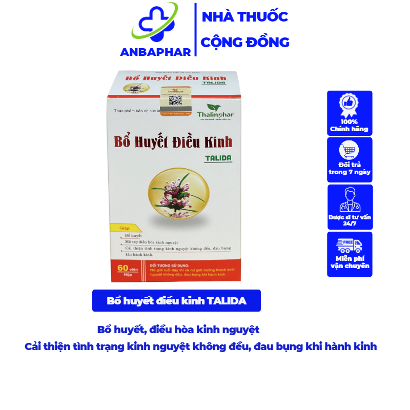 Bổ huyết điều kinh TALIDA - Điều hòa kinh nguyệt, lưu thông khí huyết (Hộp 60 viên)
