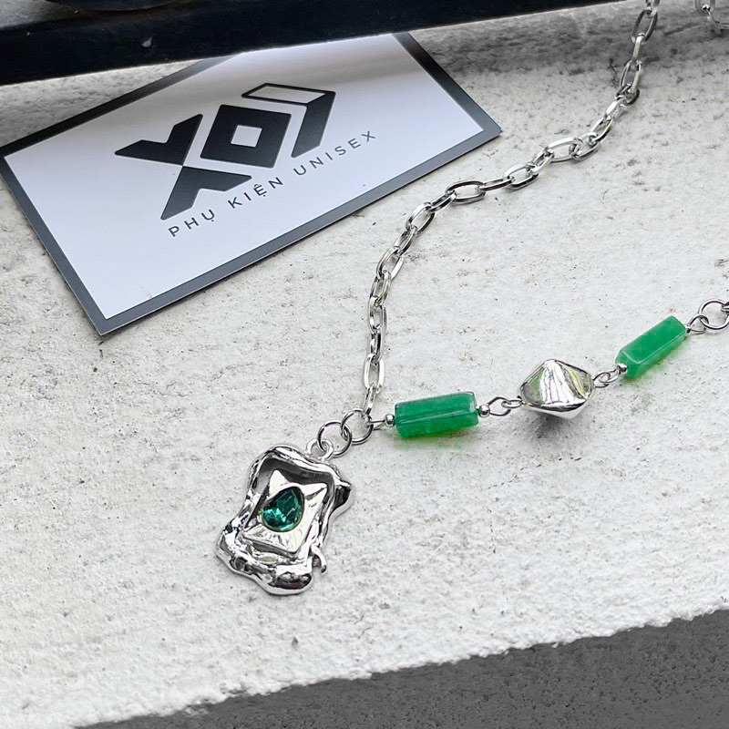Dây chuyền Nam Nữ Mặt Hình Chữ Nhật Giọt Nước Xanh Lá Bằng Thép Titan Không Gỉ - Vòng Cổ Quyến Rũ Hình Học