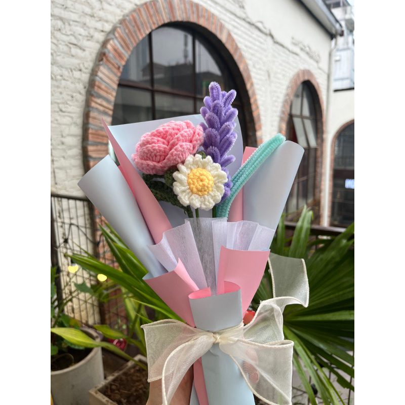 Bó hoa len & hoa kẽm nhung - Bó hoa Hồng, Daisy & Lavender