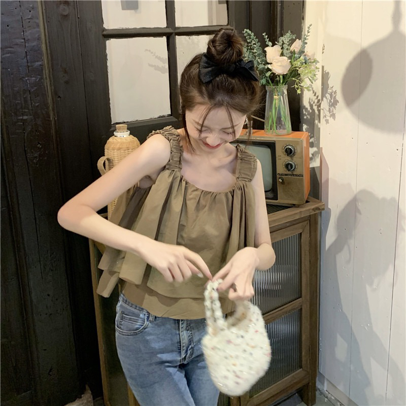 Áo hai dây bản to cổ vuông phối bèo tầng - Lumii