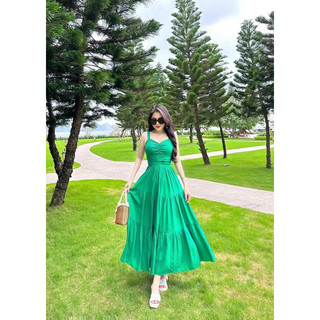 Đầm maxi lụa 2 dây xếp tầng có mút
