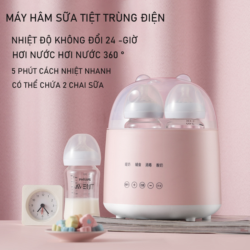 Máy hâm sữa tiệt trùng điện tử 2 bình siêu tốc đa chức năng, hấp được thức ăn, ủ sữa chua