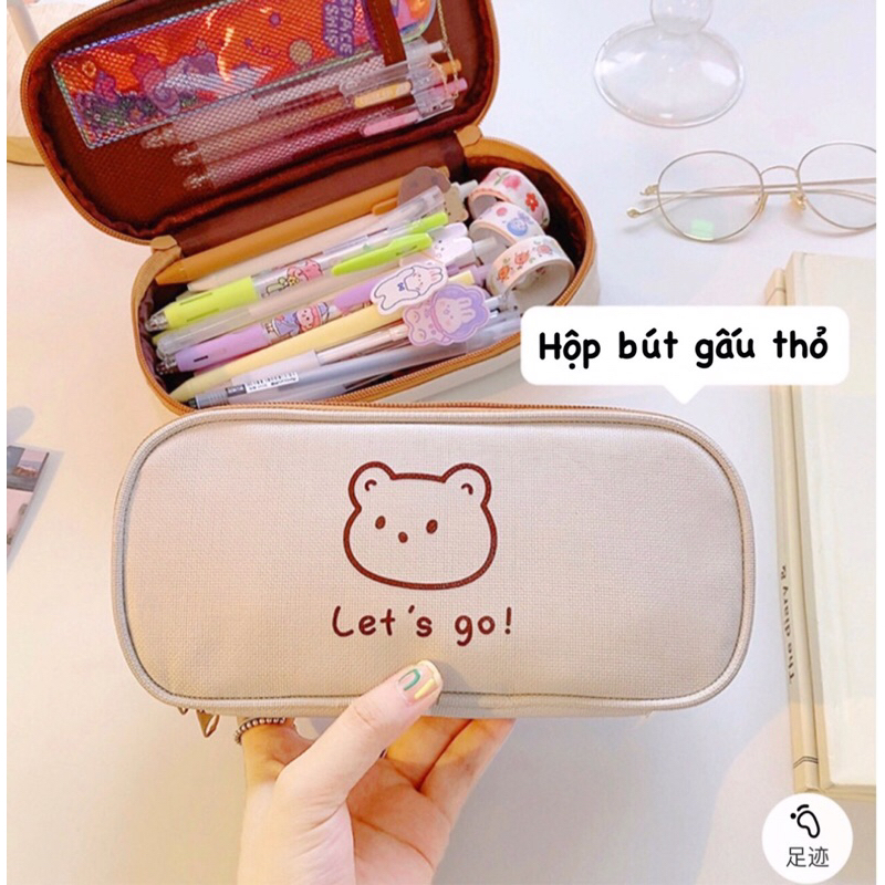 ( Tặng stiker ) Túi đựng bút hình gấu thỏ gam màu nâu kem trendy cỡ lớn