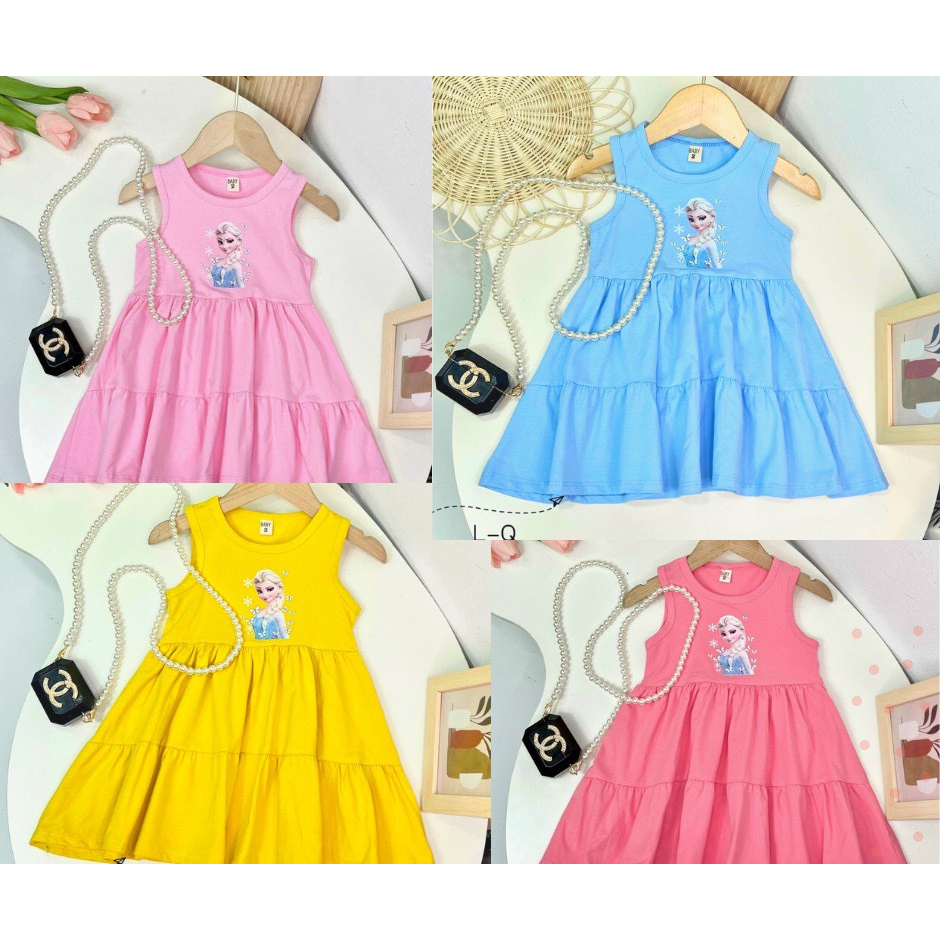 Váy ba lỗ cotton 3 tầng in 5D hình công chúa elsa