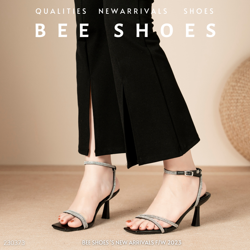 SANDAL NỮ BEESHOES MŨI VUÔNG - SANDAL NỮ MŨI VUÔNG 7 PHÂN SẴN MÀU ĐEN TRẮNG 230373