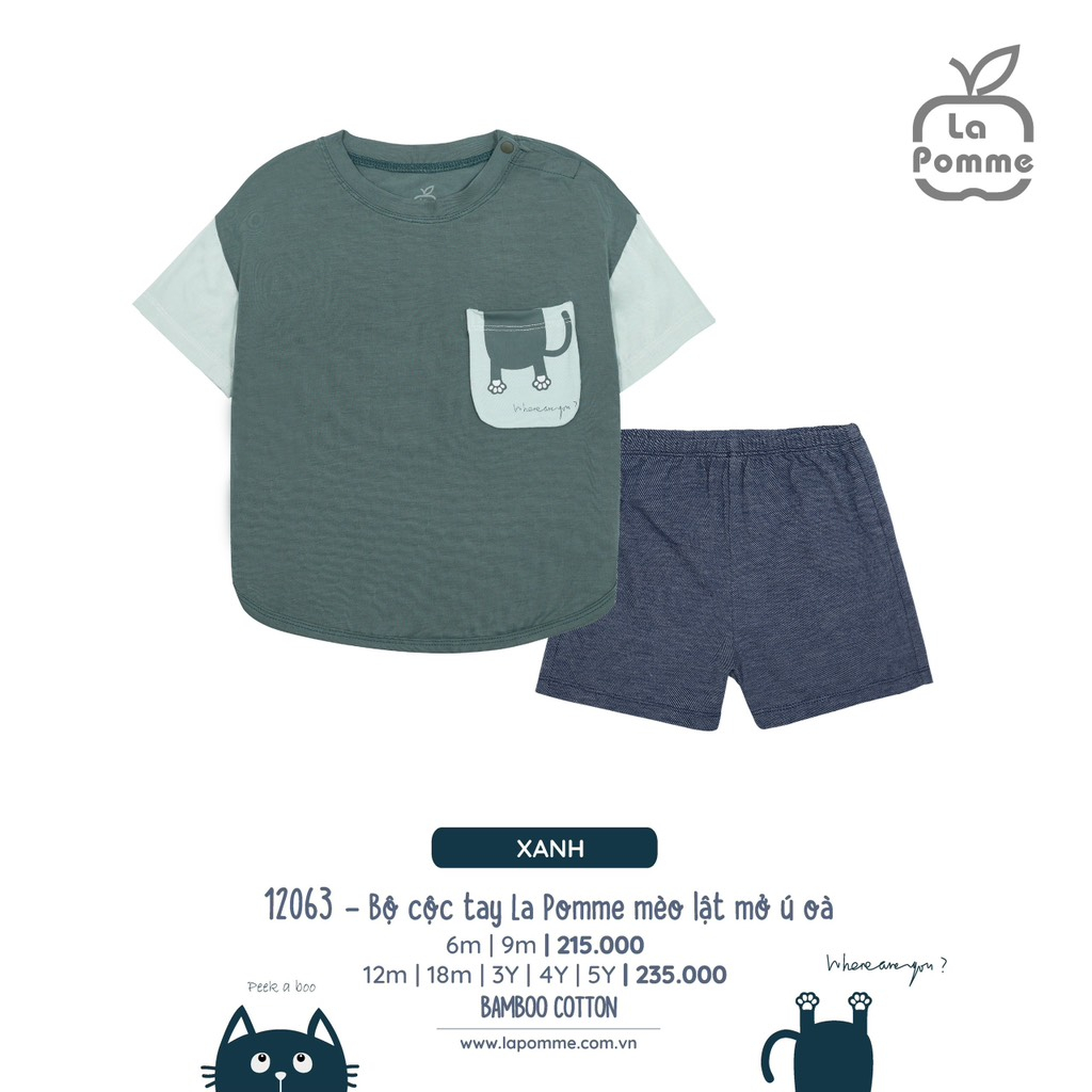 La Pomme - Bộ cộc tay La Pomme mèo Lật mở ú oà - Xanh 5Y