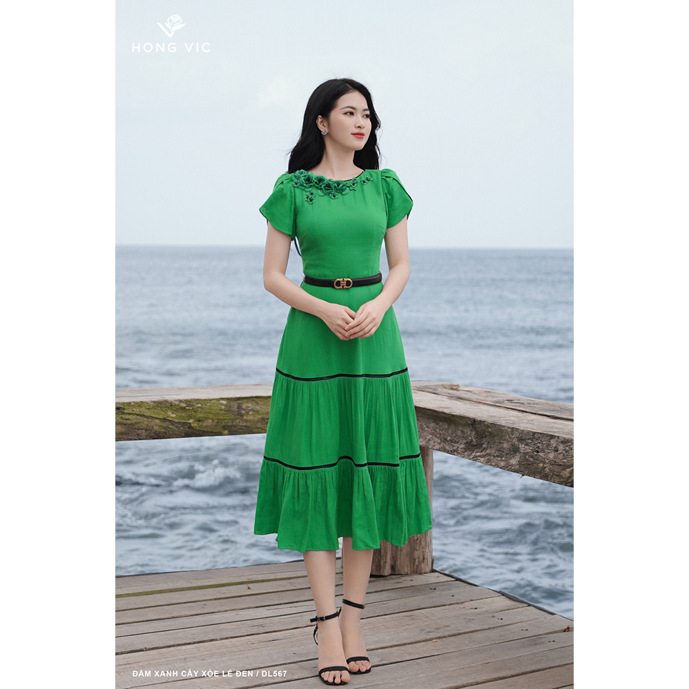 Đầm nữ thiết Kế Hong Vic xanh cây xòe lé đen DL567