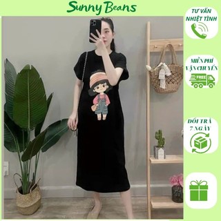 Váy suông V44 cô gái đội mũ cổ tròn chất cotton