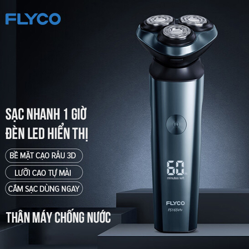 [Tặng Máy Tỉa Lông Mũi] Máy Cạo Râu Flyco FS165VN 3 Lưỡi Kép Kháng Nước IPX7 Sạc Nhanh 1 Giờ - Hàng Chính Hãng