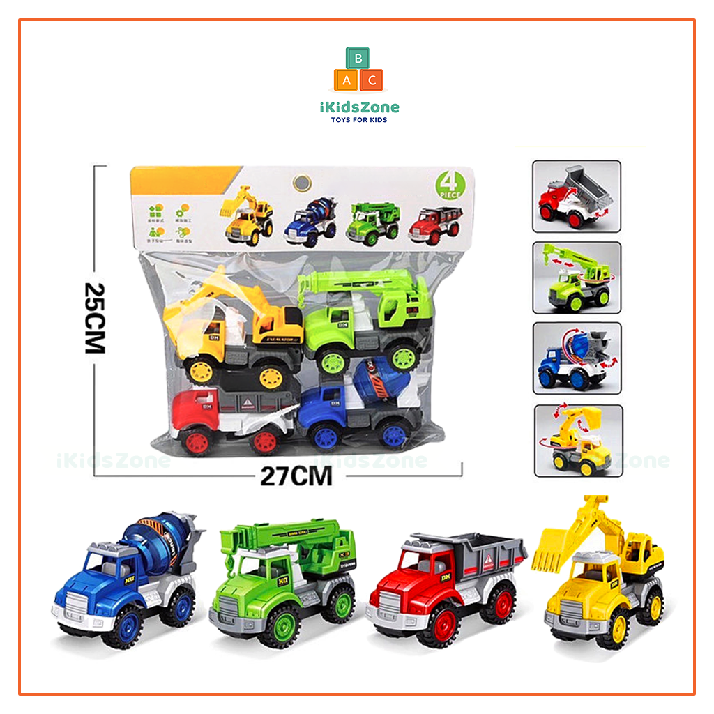 Đồ chơi xe công trình xây dựng túi 4 xe, xe tải, xe cần cẩu, xe máy múc, xe trộn bê tông nhựa ABS an toàn